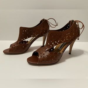 Manolo Blahnik Brown Perforated Leather Lace Back Open Toe Heels